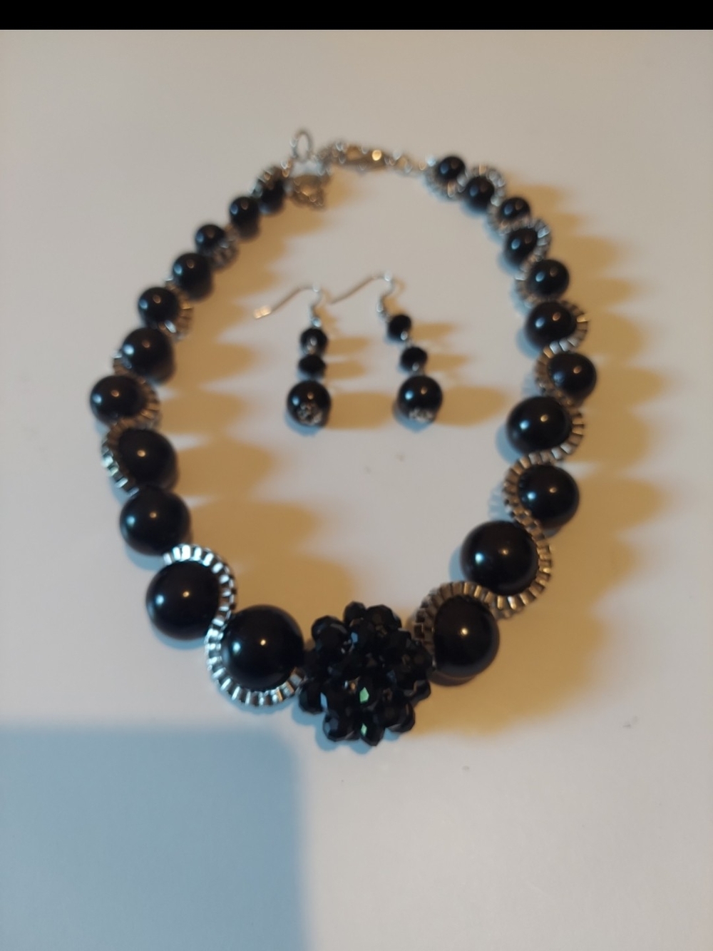 Black Beaded Statement Necklace and Earrings Set